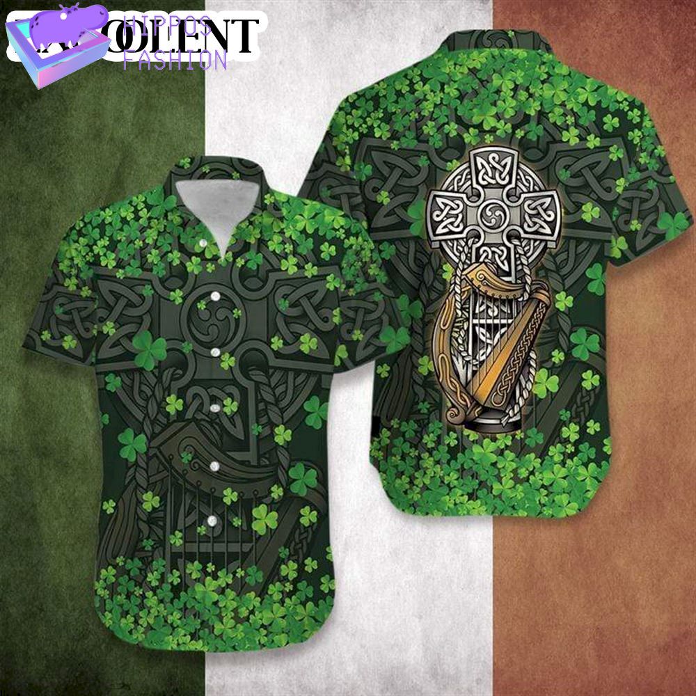 Happy Patricks Day The Celtic Cross Harp Irish Proud Grey Green Hawaiian Shirt