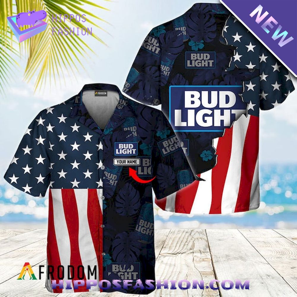 Bud Light Tropical American Flag Personalized Hawaiian Shirt