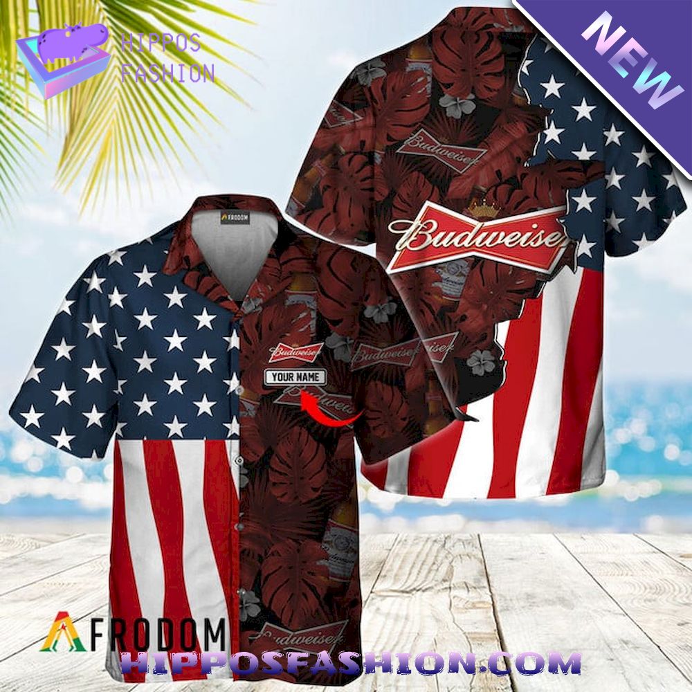 Budweiser Tropical American Flag Personalized Hawaiian Shirt