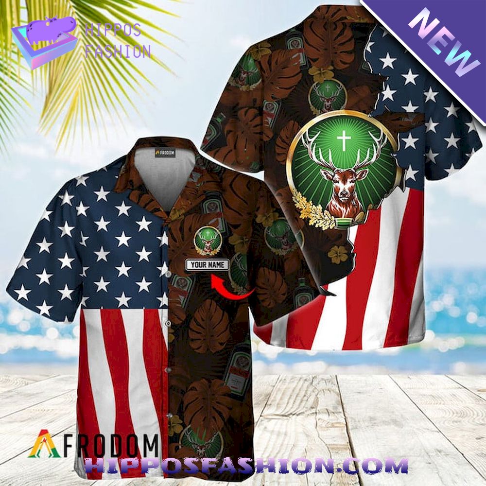 Jagermeister Tropical American Flag Personalized Hawaiian Shirt
