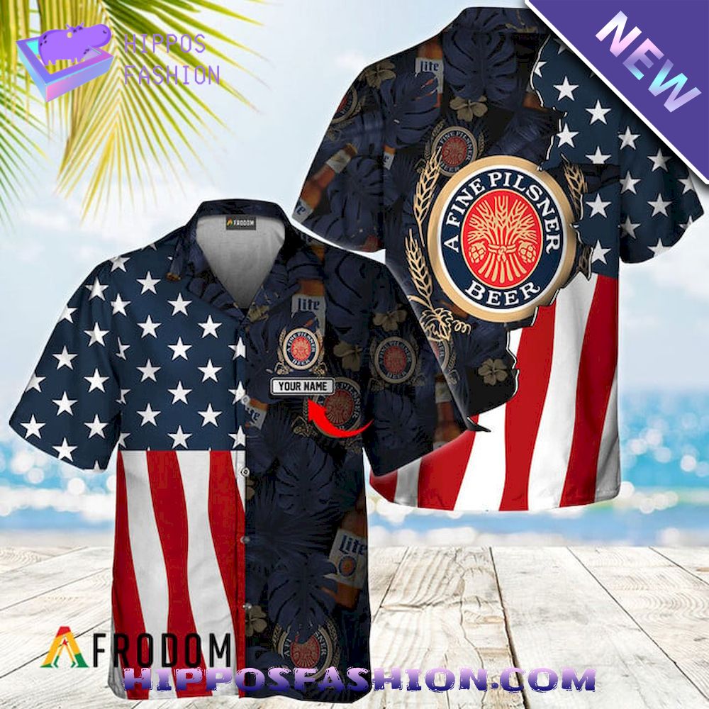 Miller Lite Tropical American Flag Personalized Hawaiian Shirt