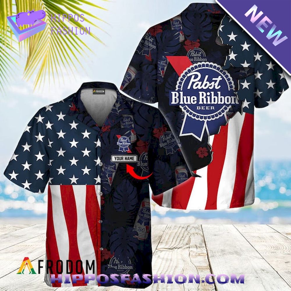 Pabst Blue Ribbon Tropical American Flag Personalized Hawaiian Shirt